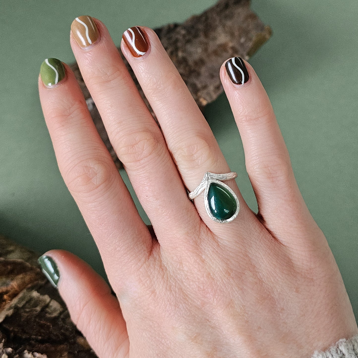 Tree Bark Ring with Green Agate