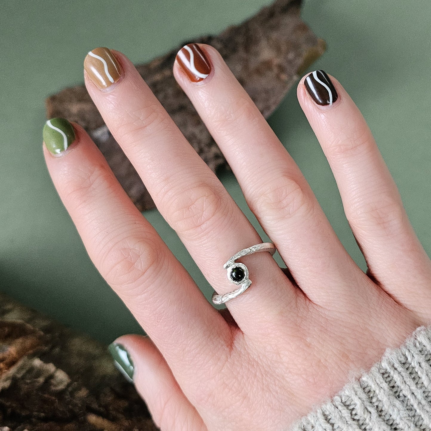 Tree Bark Ring with Green Tourmaline