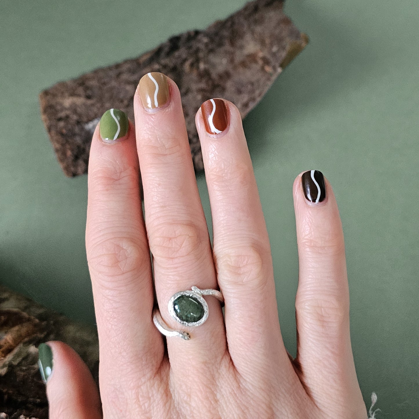 Tree Bark Ring with Moss Agate