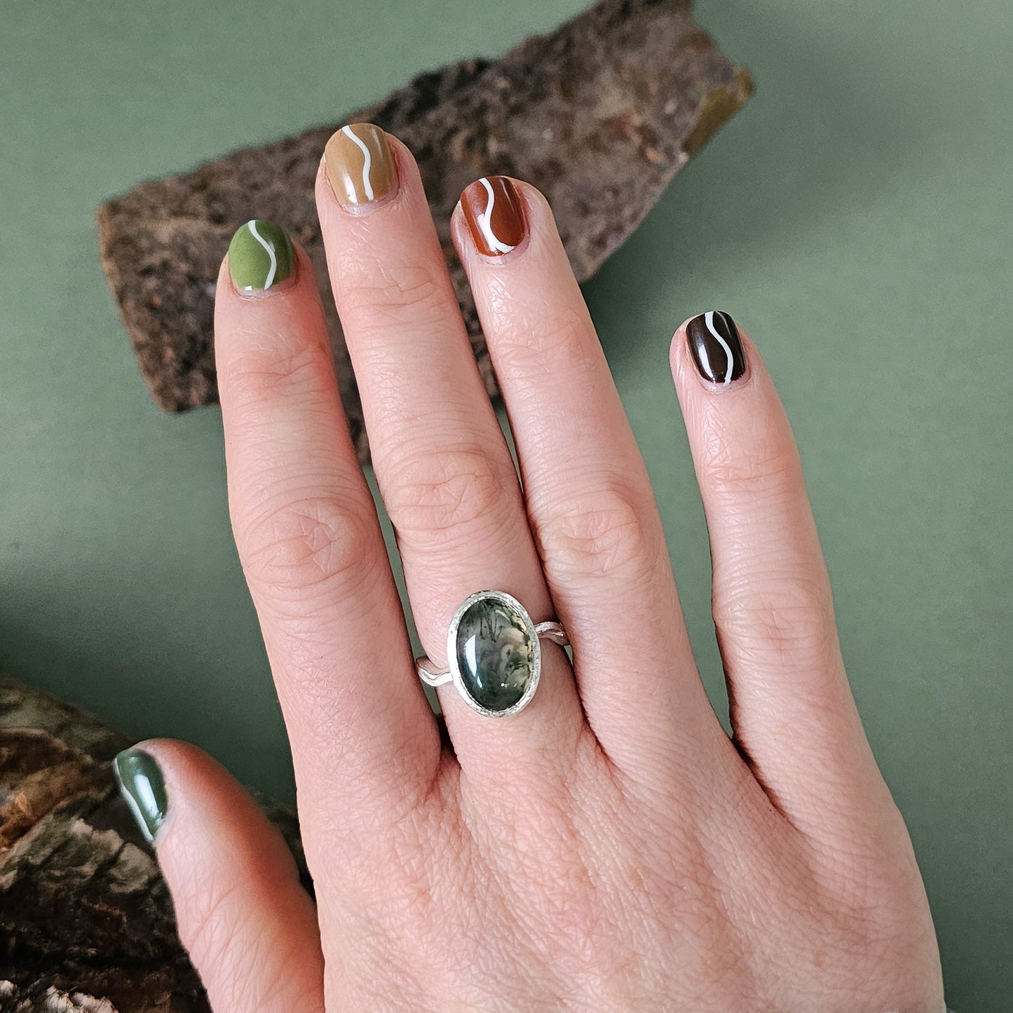 Tree Bark Ring with Moss Agate
