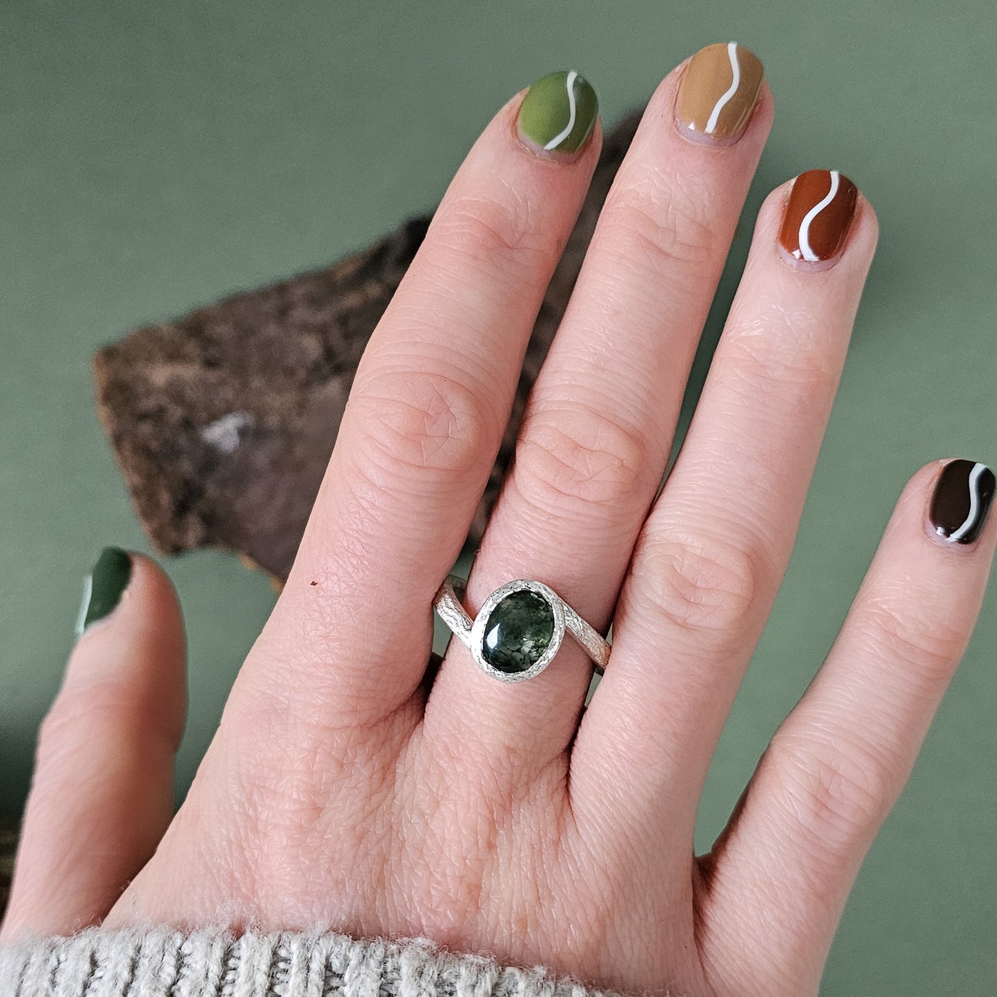 Tree Bark Ring with Moss Agate