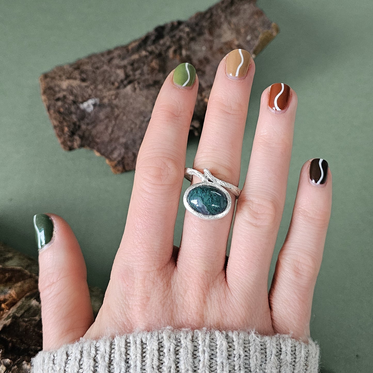 *NEW* Tree Bark Ring with Moss Agate
