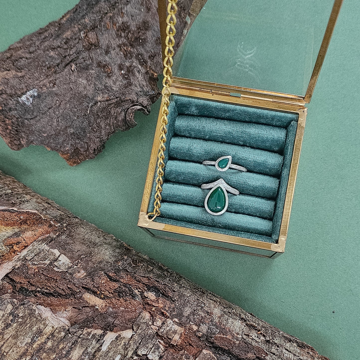Tree Bark Ring with Green Agate