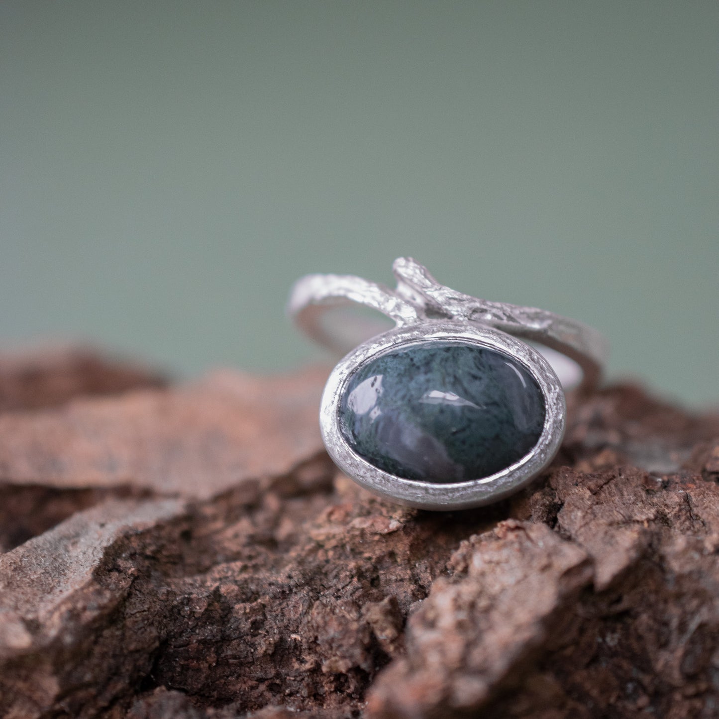 *NEW* Tree Bark Ring with Moss Agate