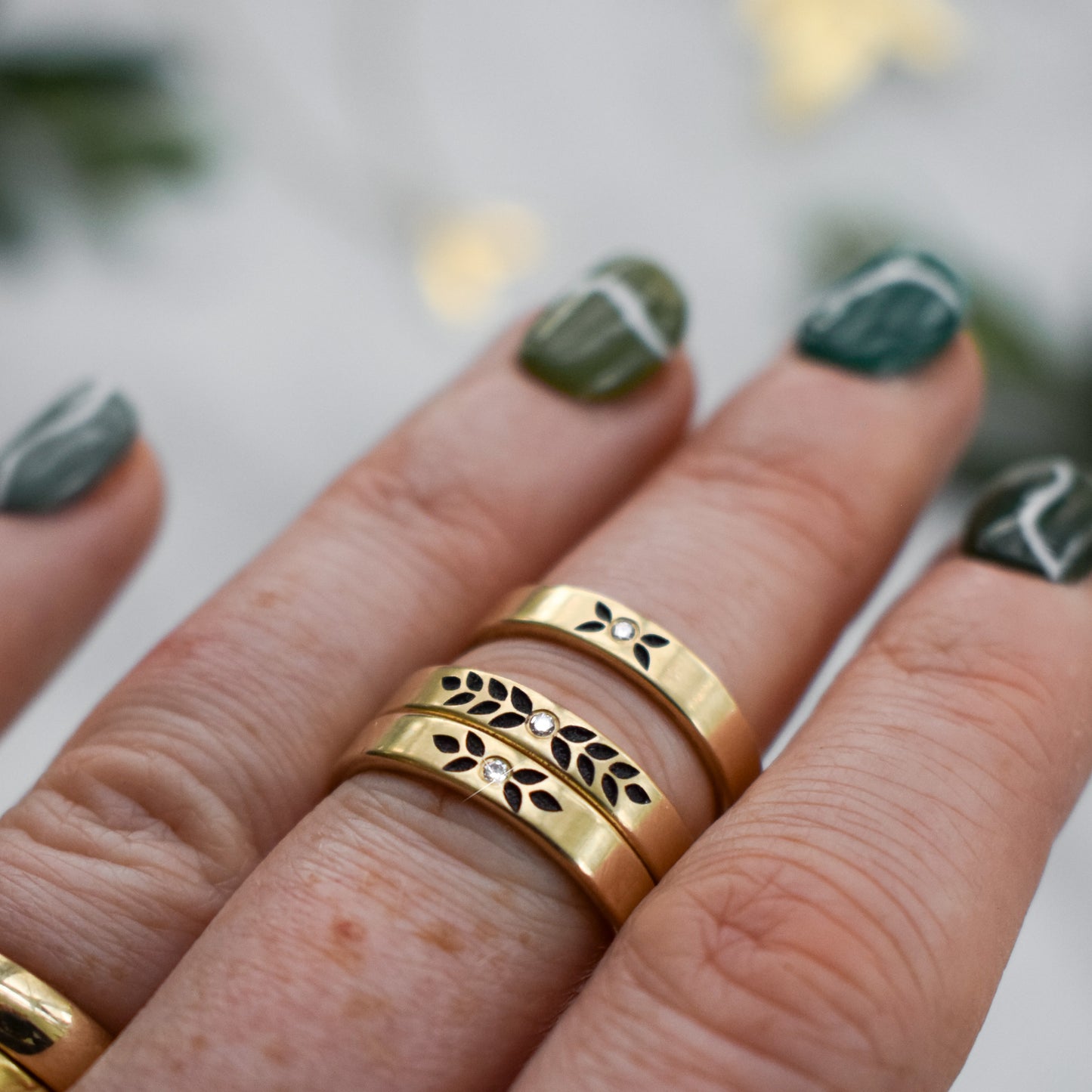 Yellow Gold and Diamond Ring with 4 Etched Leaves