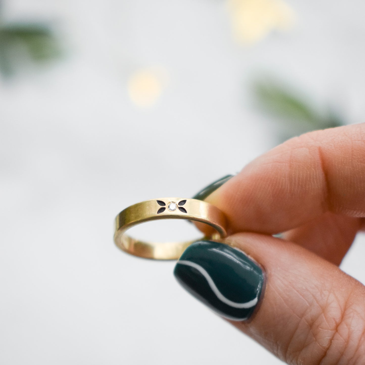 Yellow Gold and Diamond Ring with 4 Etched Leaves