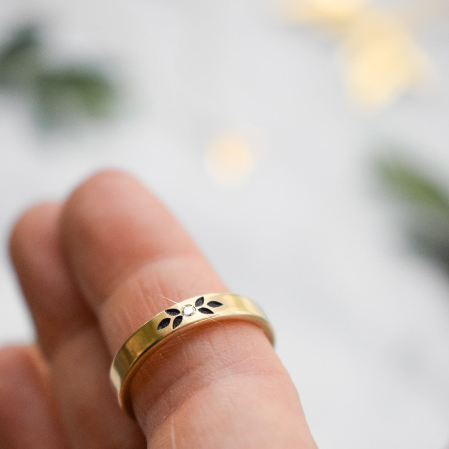 Yellow Gold and Diamond Ring with 6 Etched Leaves