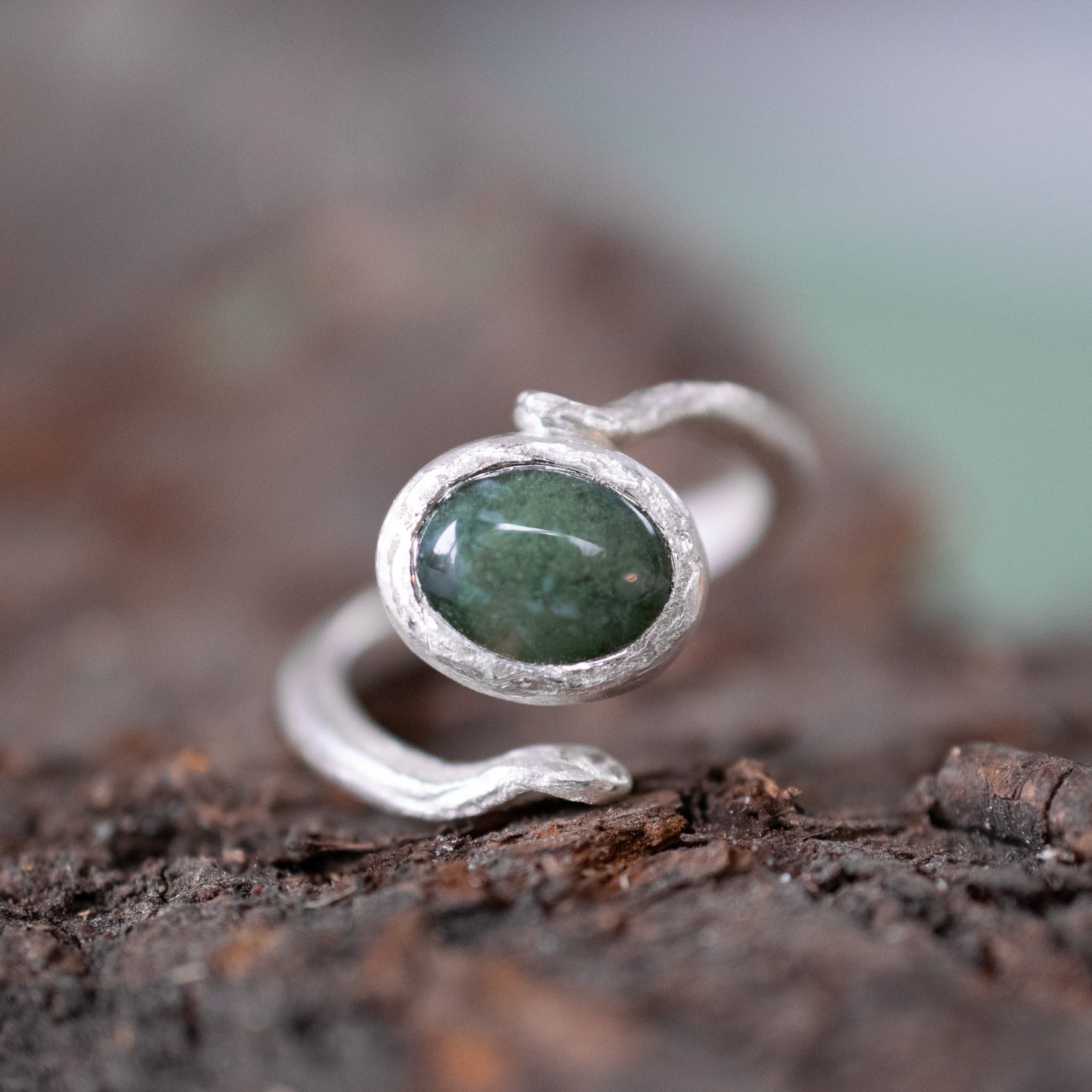 *NEW* Tree Bark Ring with Moss Agate