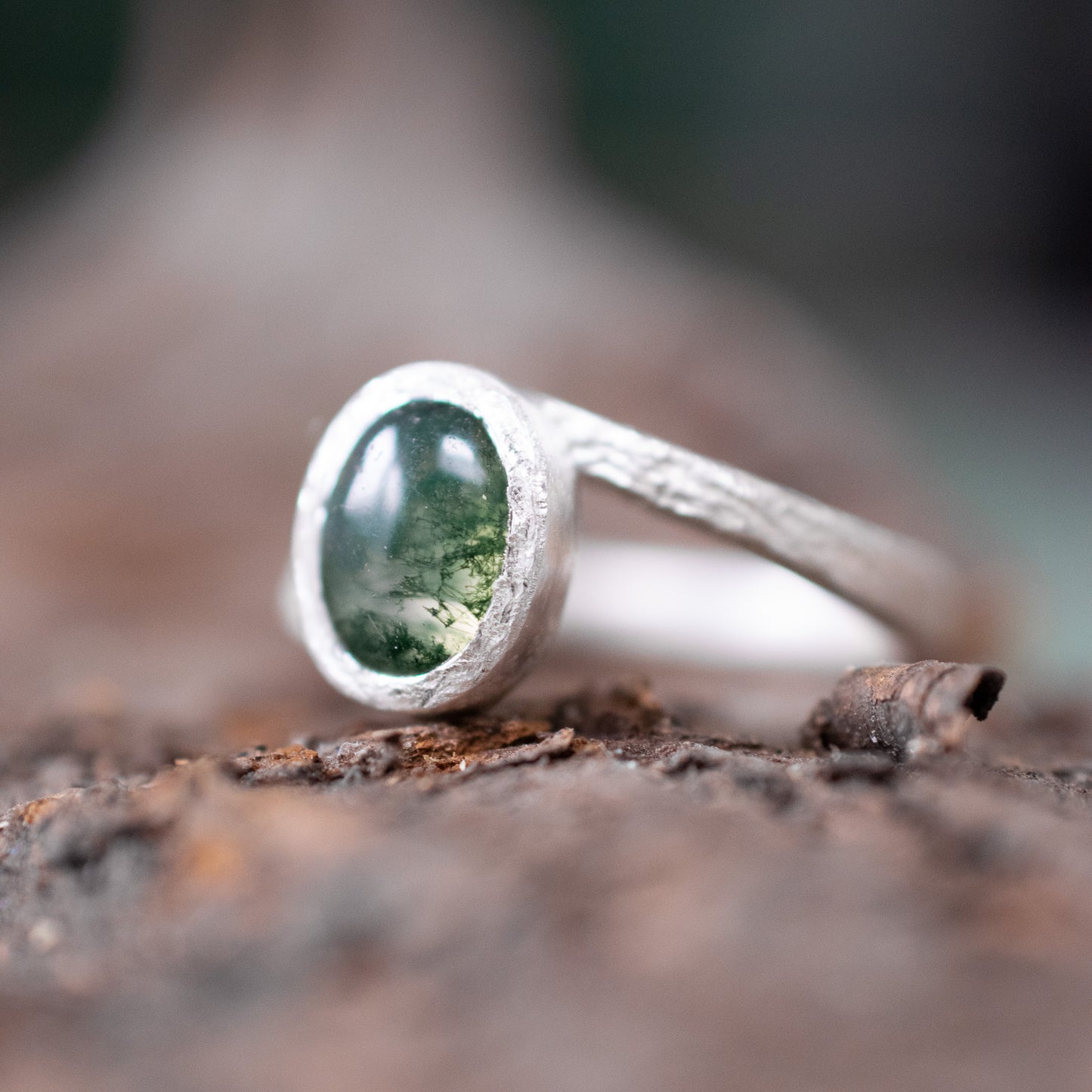 *NEW* Tree Bark Ring with Moss Agate