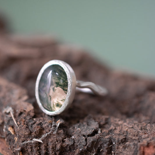 *NEW* Tree Bark Ring with Moss Agate