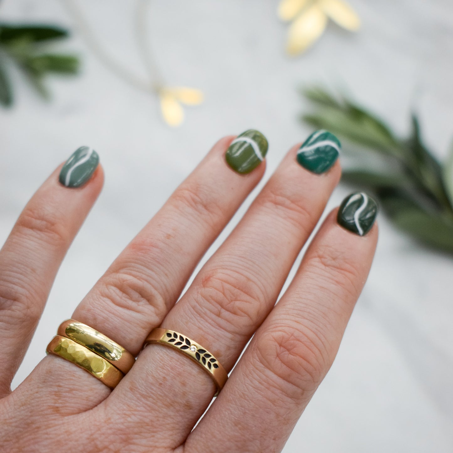 Yellow Gold and Diamond Ring with 14 Etched Leaves