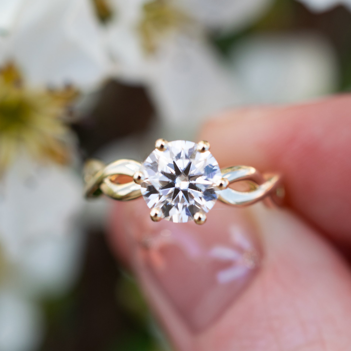 Bespoke diamond engagement ring with organic gold band handmade by UK jewellery designer Elizabeth Terzza