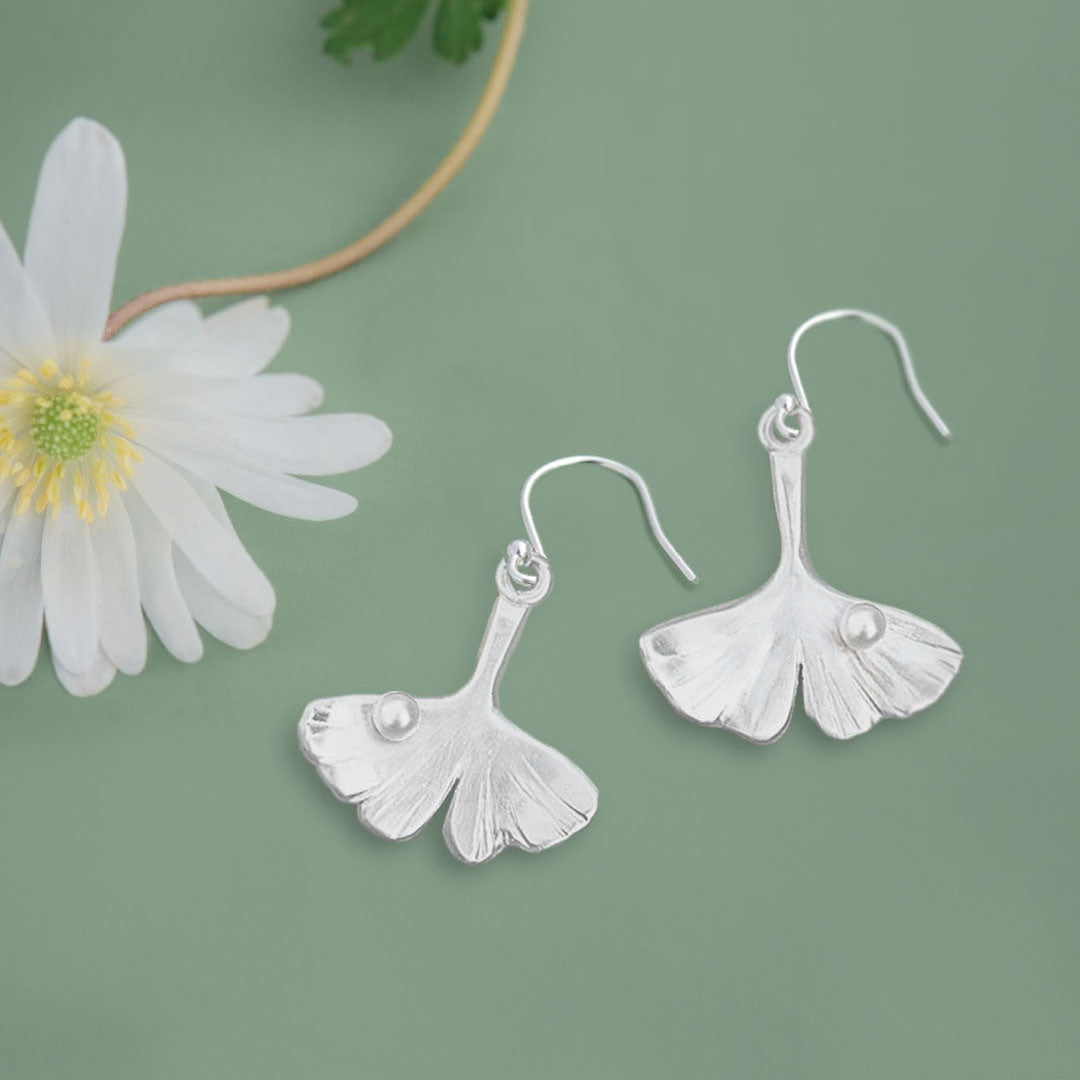 Silver Ginkgo Drop Earrings