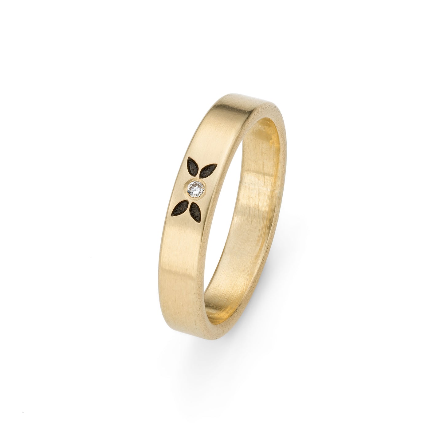 Yellow Gold and Diamond Ring with 4 Etched Leaves